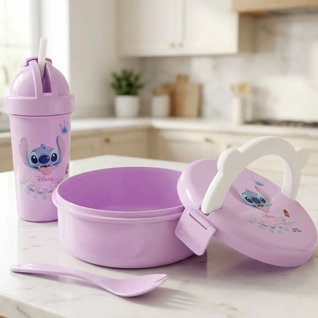 Lunch Box Ronde Stitch avec Gourde 300 ml et Cuillère-Fourchette - Violet