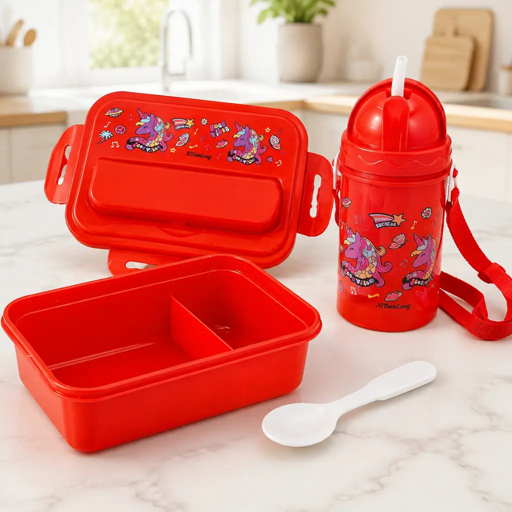Lunch Box Enfant Licorne avec Gourde 380 ml et Cuillère – Boîte Repas Compartimentée avec Paille - Rouge