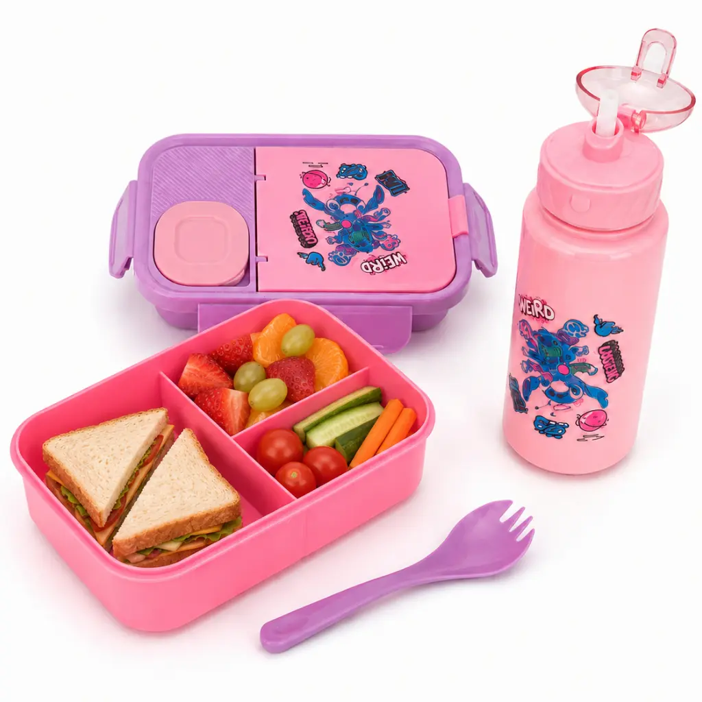 Lunch Box Stitch Compartimentée avec Gourde 500 ml et Cuillère-Fourchette - Violet 
