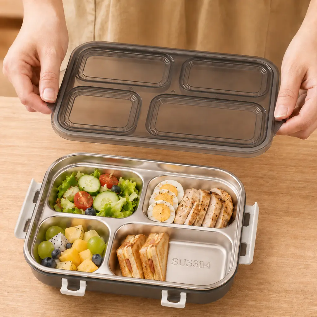 Lunch Box 4 Compartiments en Acier Inoxydable SUS304 – 25 × 17 × 6 cm - Vert