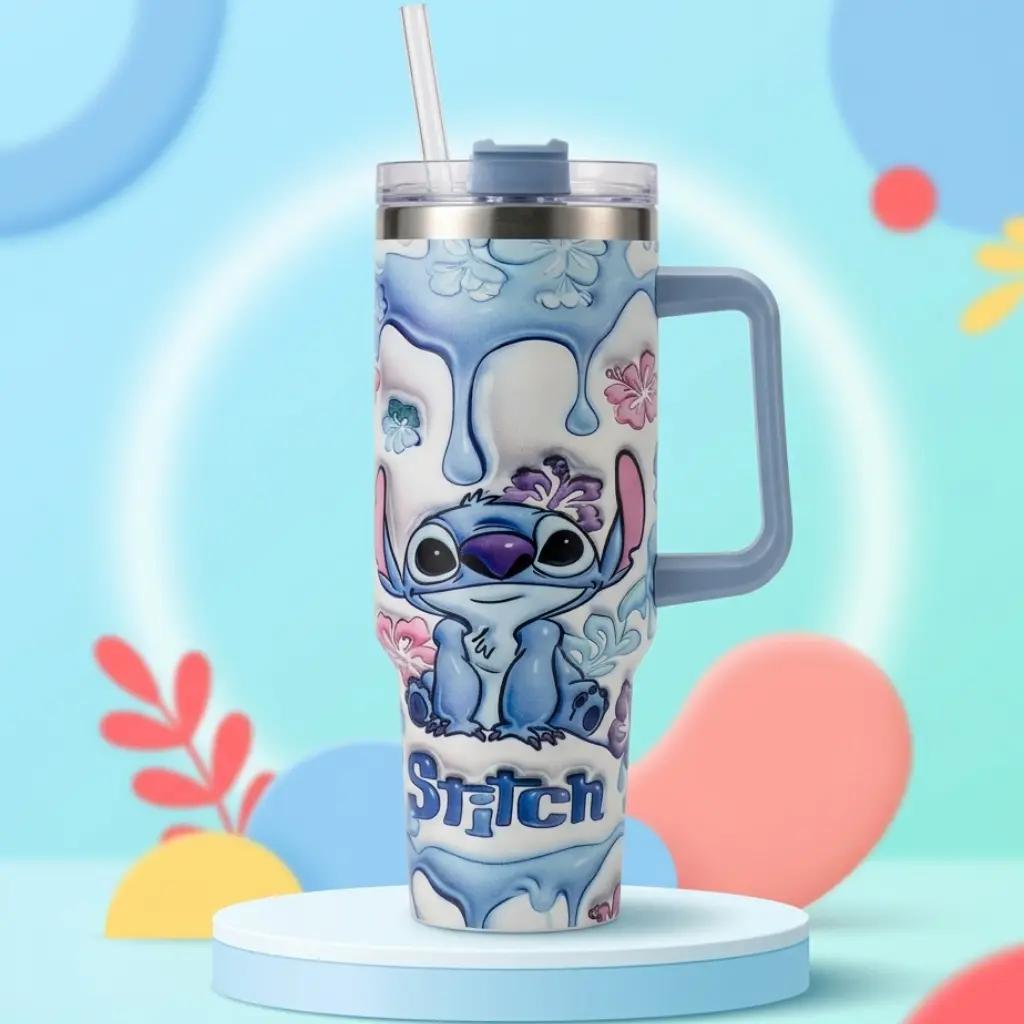 Thermos Stitch 1200 ml avec Paille et Poignée – Gourde Isotherme Chaud et Froid 24H - Bleu