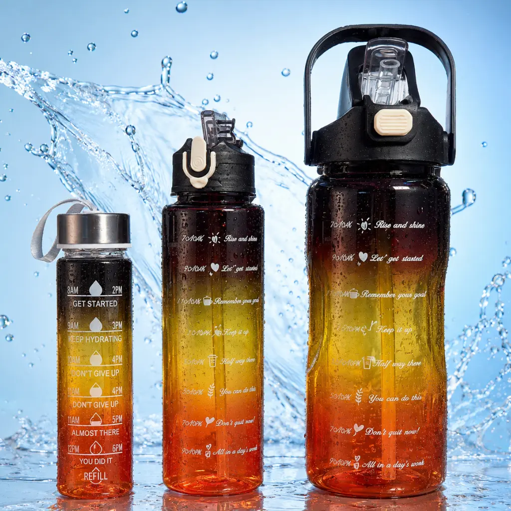 Set de 3 Gourdes Sans BPA – 2000 ml + 900 ml + 300 ml avec Paille et Poignée - Noir 
