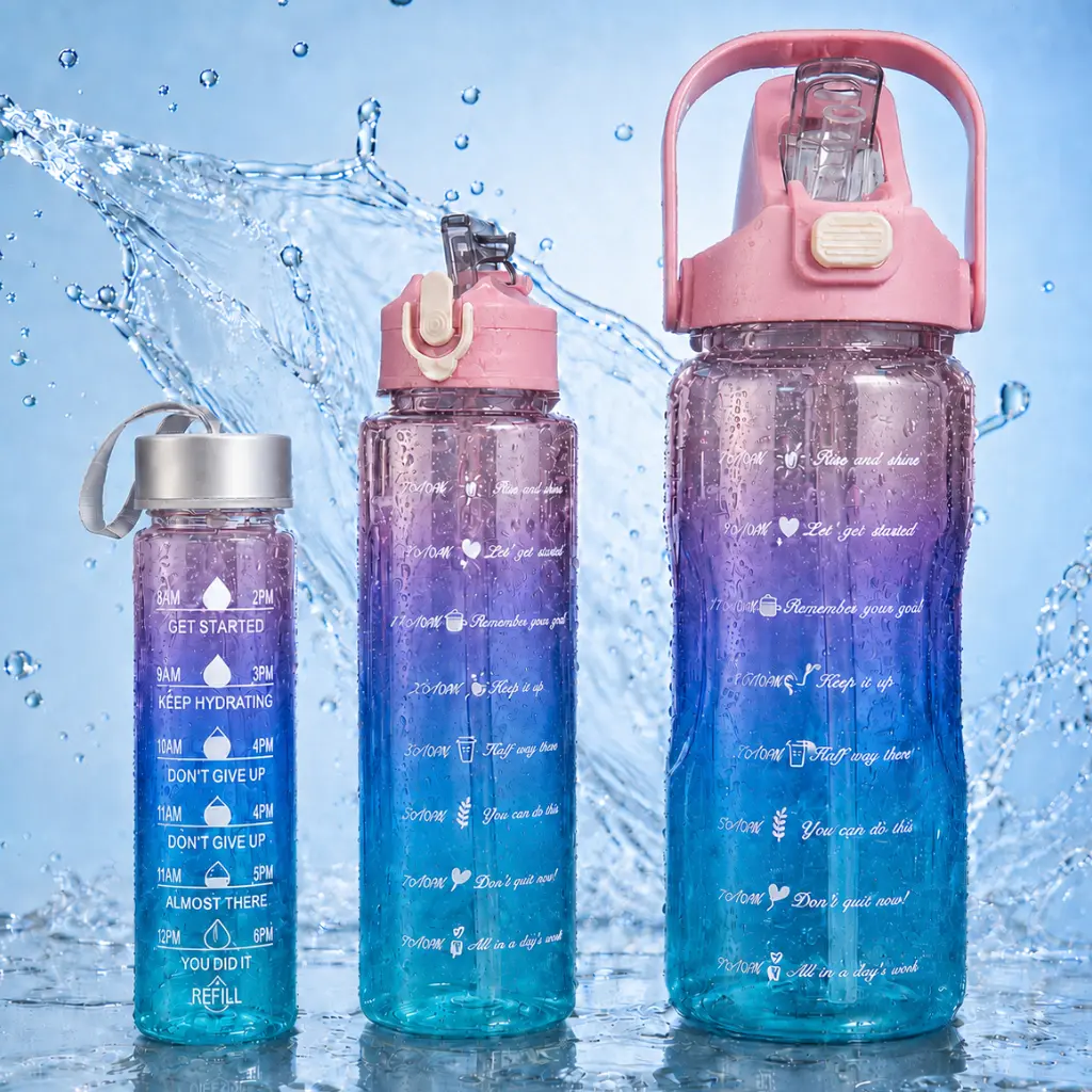 Set de 3 Gourdes Sans BPA – 2000 ml + 900 ml + 300 ml avec Paille et Poignée - Rose 