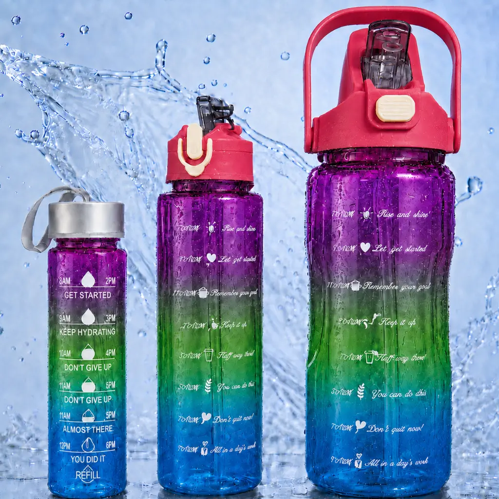Set de 3 Gourdes Sans BPA – 2000 ml + 900 ml + 300 ml avec Paille et Poignée - Rose 