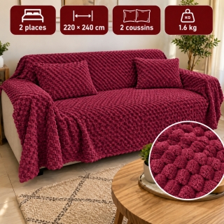 Ensemble Plaid Velours Rouge Caress 240 × 220 cm avec 2 Coussins