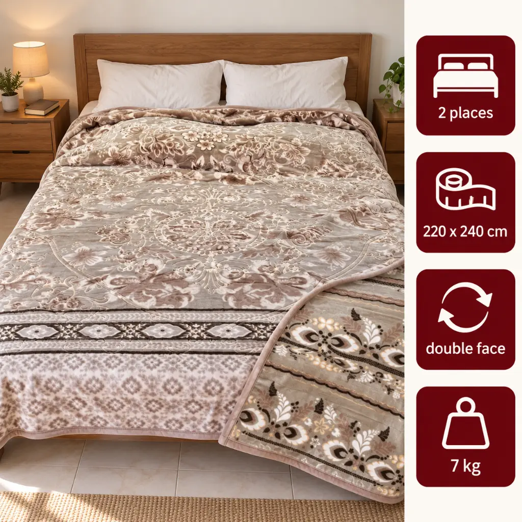 Couverture Double Face en Polyester Beige– 2 Places, 220 × 240 cm, 7 kg - Elegance