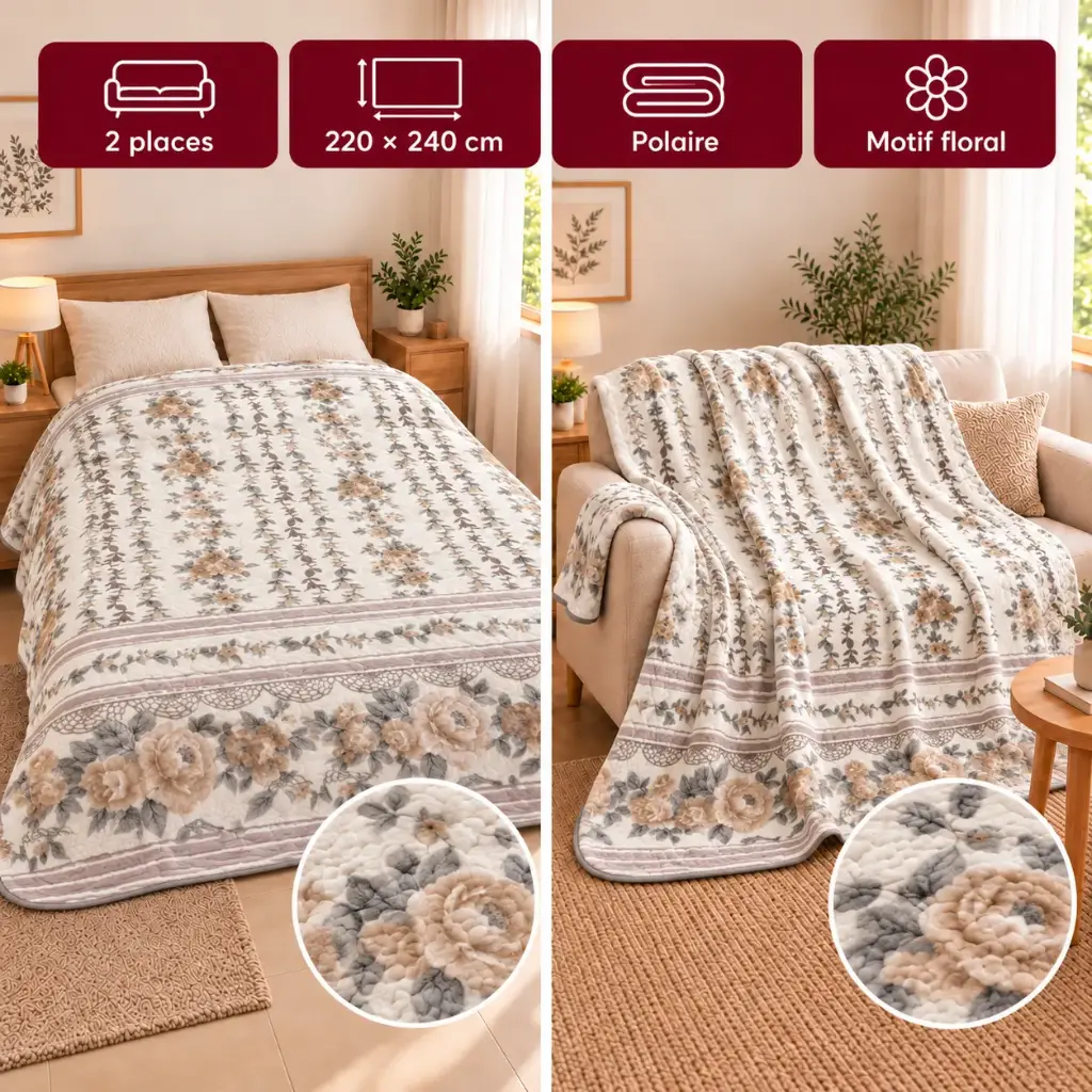 Couverture Plaid Polaire 2 Places 220 × 240 cm – Motif Floral Beige