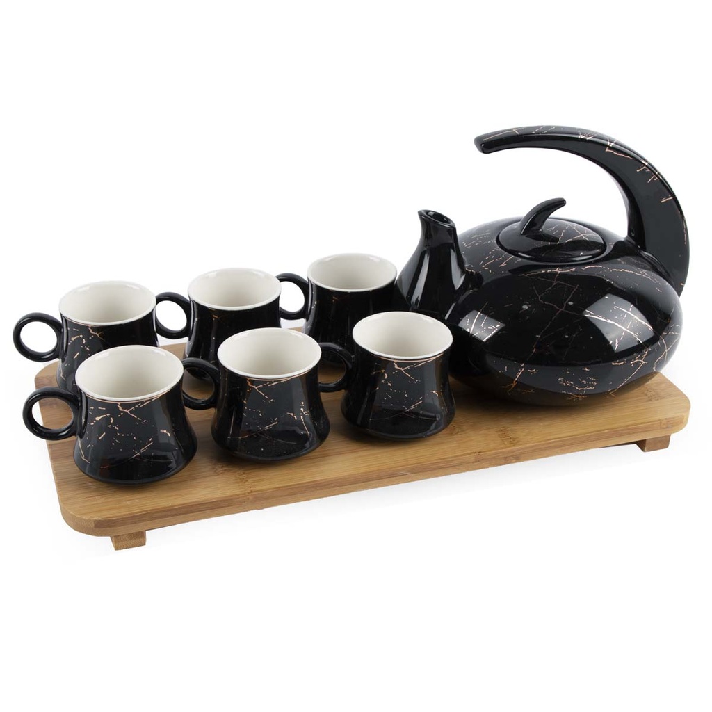 Ensemble de théière avec 6 tasses en céramique et un plateau en bambou - 9 pièces - Noir