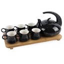 Ensemble de théière avec 6 tasses en céramique et un plateau en bambou - 9 pièces - Noir