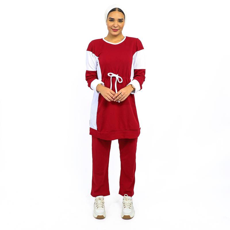 Jogging  2 pièces pour femme voilée Rouge bordeaux avec bandes blanches-0