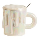 Tasse en Céramique Mug avec Couvercle et Cuillère Motif Glace Qui Coule-Blanc