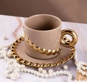 Tasse Mug en Céramique avec Sous Tasse Motif Perles-Marron clair
