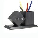 Horloge Réveil Numérique En Bois Avec Porte-Stylo – Contrôle Vocal, LED, 3 Alarmes, Double Alimentation - Noir