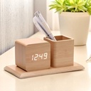 Horloge Réveil Numérique Beige En Bois Avec Porte-Stylo – Contrôle Vocal, LED, 3 Alarmes, Double Alimentation