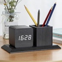 Horloge Réveil Numérique Noir En Bois Avec Porte-Stylo – Contrôle Vocal, LED, 3 Alarmes, Double Alimentation