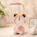 Horloge et Lampe de Bureau LED Rechargeable 2-en-1 avec Design Ourson – Horloge Analogique – Rose