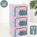 Pack de 3 Boîtes de Rangement Pliable 24 L 39 × 29 × 20 cm –Double Fermeture - Motif Hippopotame imprimé