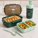 Pack Lunch Box Enfant 1000 ml avec 3 Compartiments, Couverts et Bouteille 500 ml - Rectangulaire - Vert