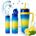 Set de 3 Gourdes Sans BPA – 1200 ml + 700 ml + 260 ml – avec Paille et Poignée - Bleu