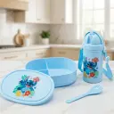 Boîte Lunch Enfant Stitch 3 Compartiments avec Gourde 380 ml et Cuillère-Fourchette - Bleu