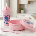 Lunch Box Ronde Stitch avec Gourde 300 ml et Cuillère-Fourchette - Rose