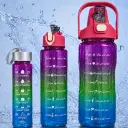 Set de 3 Gourdes Sans BPA – 2000 ml + 900 ml + 300 ml avec Paille et Poignée - Rose 